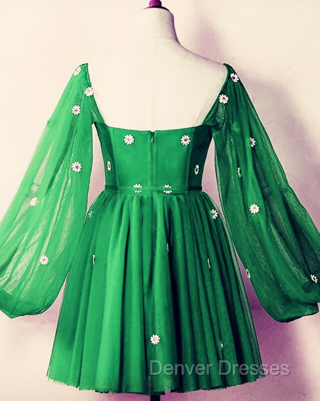 Short Green Puffy Sleeves Dress With Daisy Flowers
