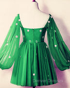 Short Green Puffy Sleeves Dress With Daisy Flowers