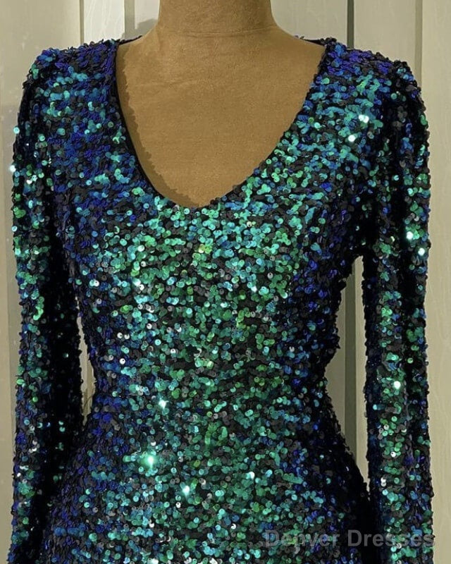 Short Green Sequin Prom Dress Long Sleeve V-Neck