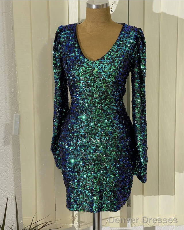 Short Green Sequin Prom Dress Long Sleeve V-Neck Main image