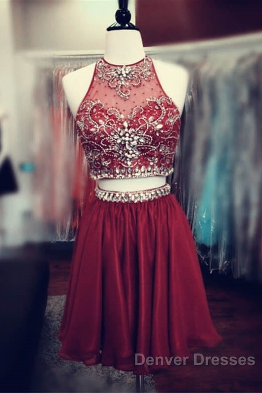 Short Green Two Piece Chiffon Homecoming Dress Beaded