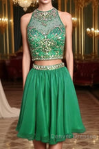 Short Green Two Piece Chiffon Homecoming Dress Beaded