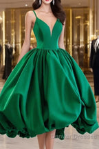 Short Green V Neck Satin Prom Dress, Short Green V Neck Satin Formal Homecoming Dress