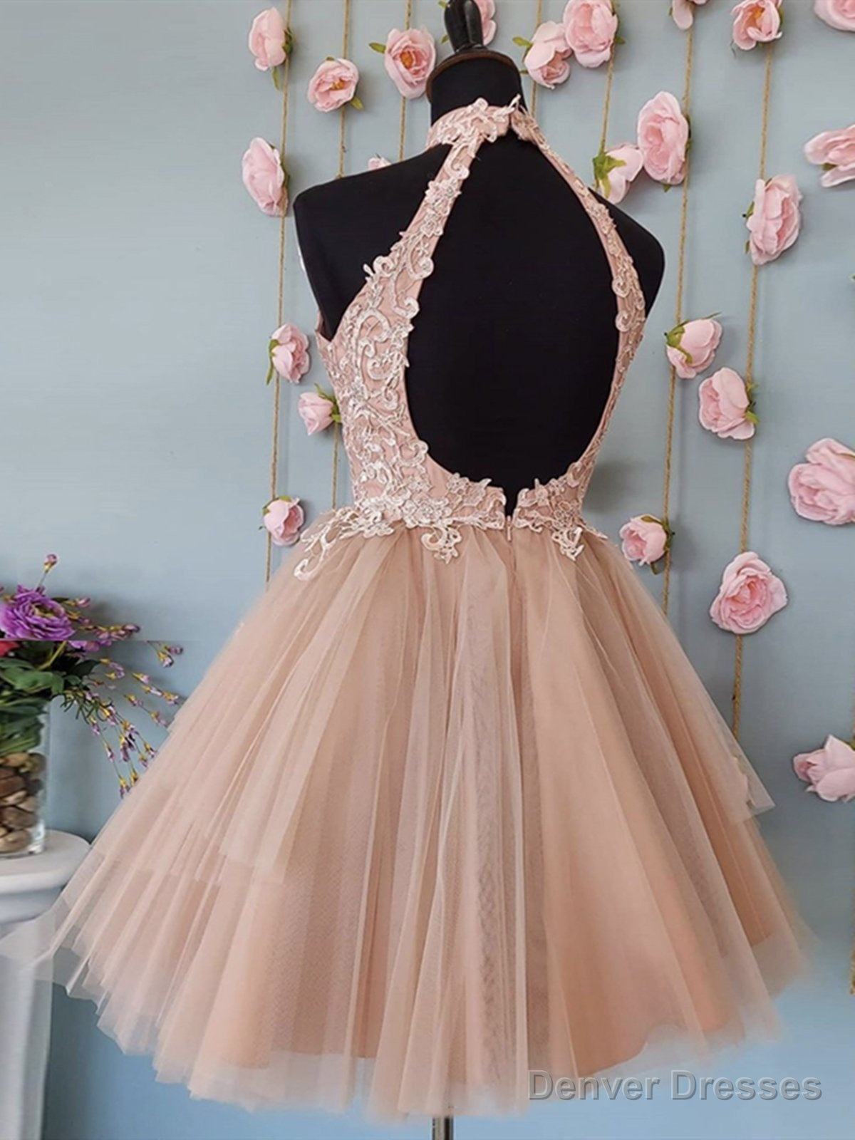 Short Halter Neck Pink Lace Prom Dresses, Halter Neck Short Pink Lace Formal Homecoming Dresses Secondary image