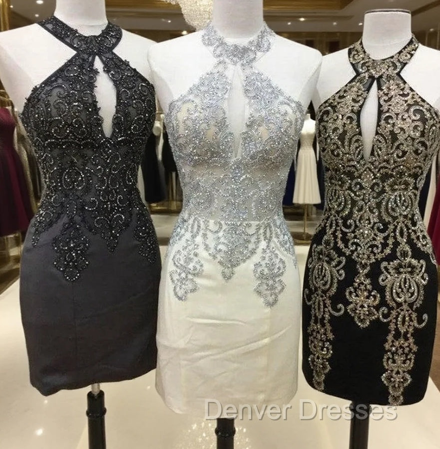 Short Halter Prom Homecoming Dress Embroidery Beaded