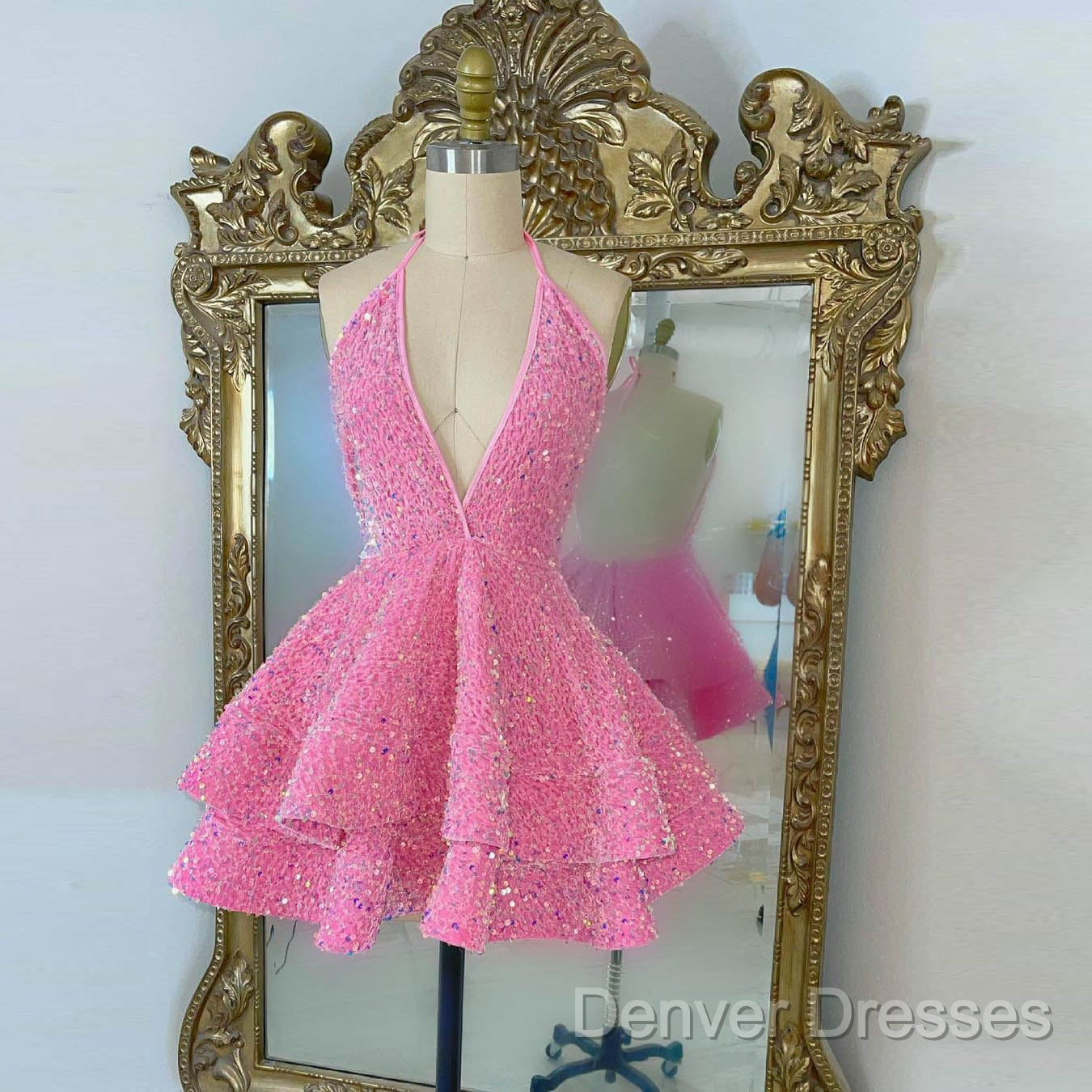 Short Homecoming Dress, Pink Sequin Homecoming Dress Secondary image