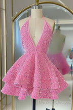Short Homecoming Dress, Pink Sequin Homecoming Dress