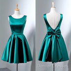 Short Hunter Green Satin Prom Dress With Bow