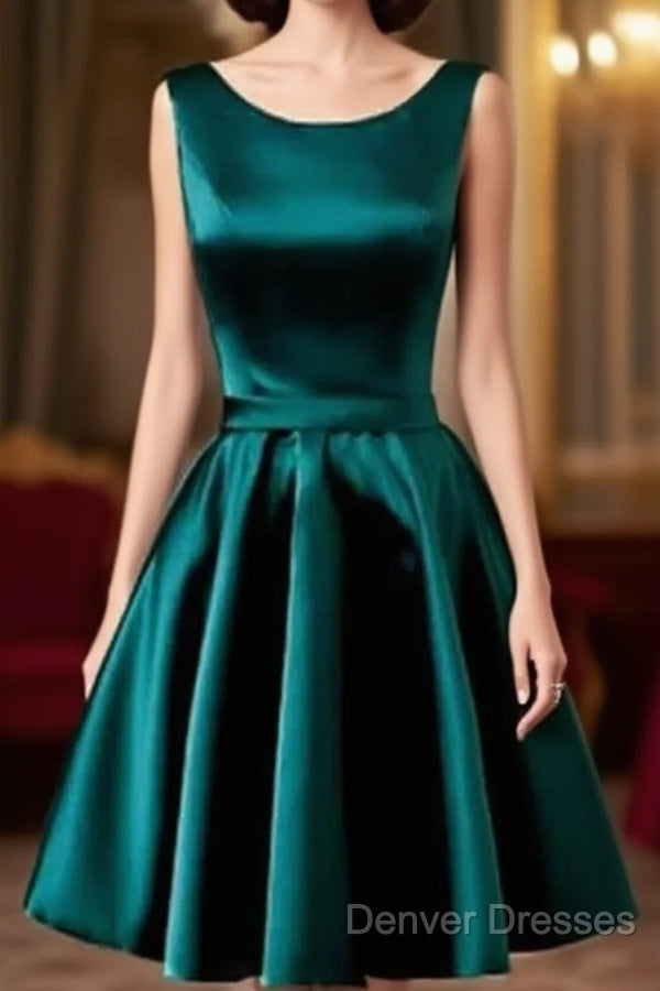 Short Hunter Green Satin Prom Dress With Bow Main image