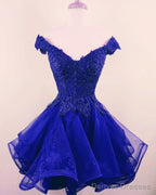 Short Lace Beaded V-Neck Off Shoulder Homecoming Dresses Organza