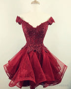 Short Lace Beaded V-Neck Off Shoulder Homecoming Dresses Organza