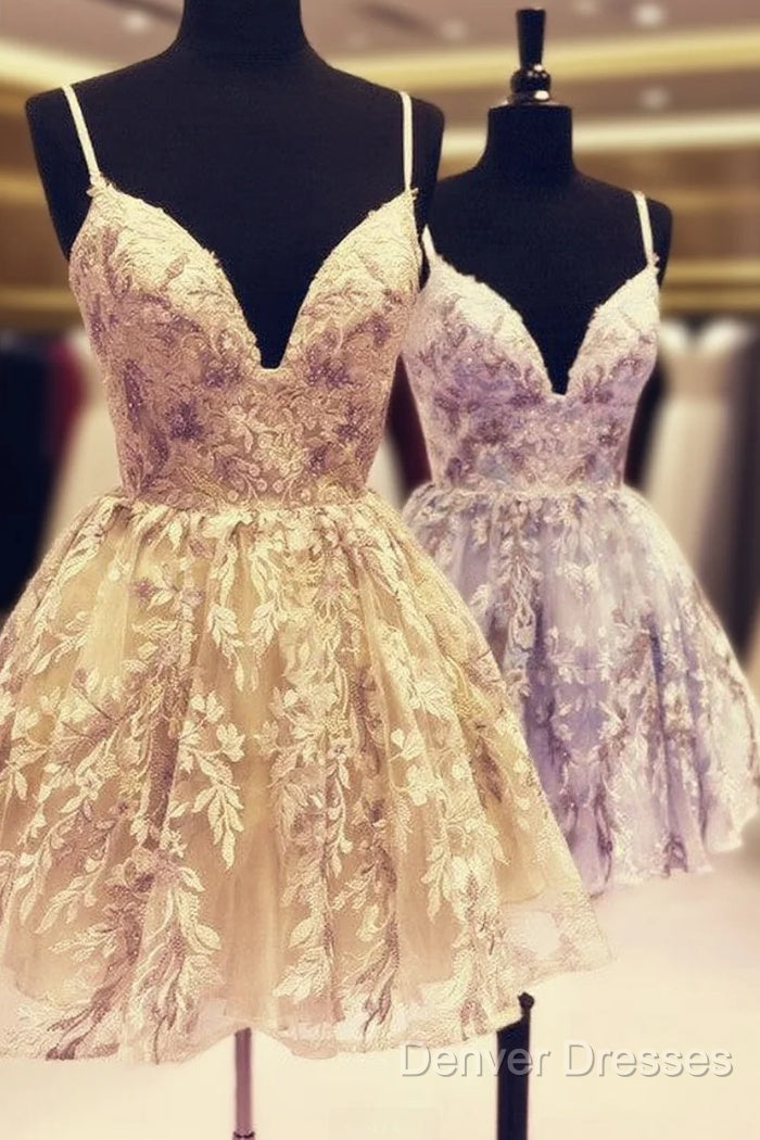 Short Lace Homecoming Dress V Neck Spaghetti Straps