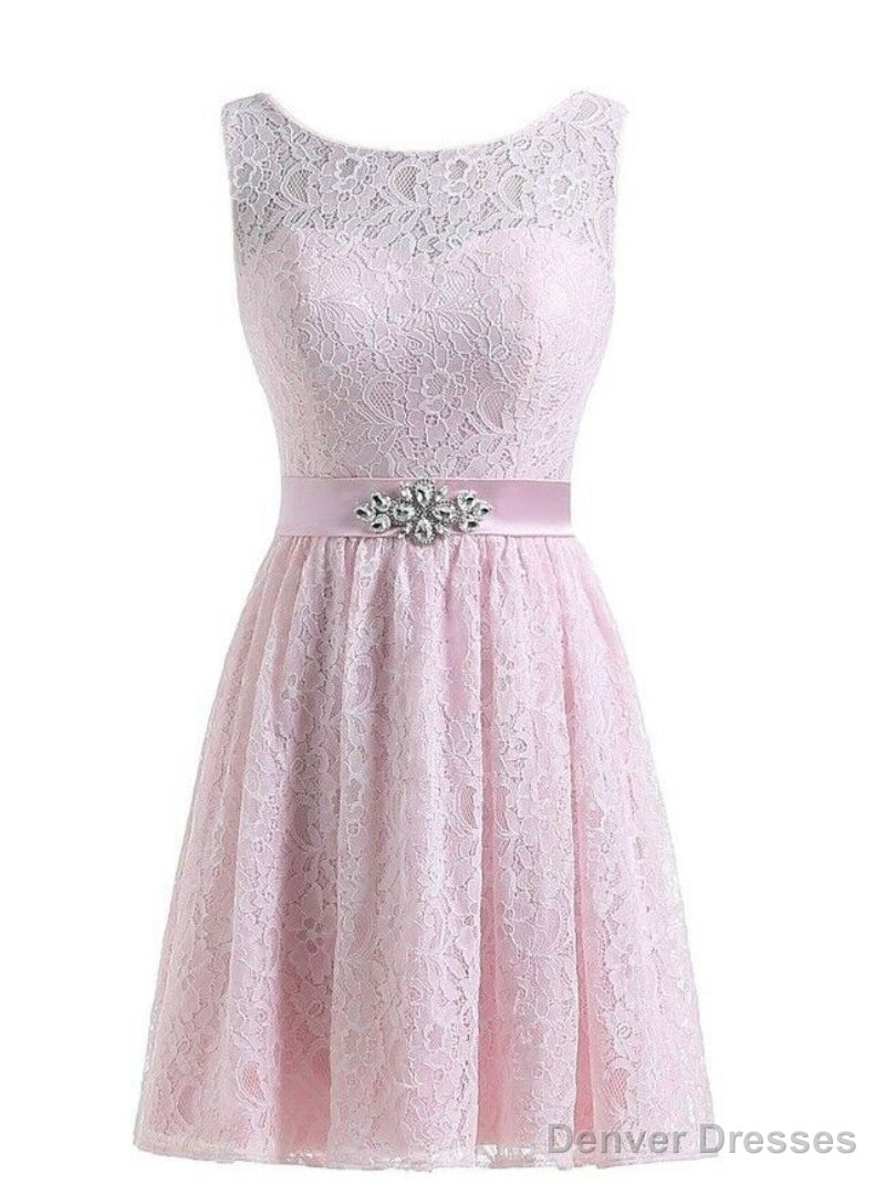 Short Lace Knee Length Sleeveless Bridesmaid Dress With Crystal Main image