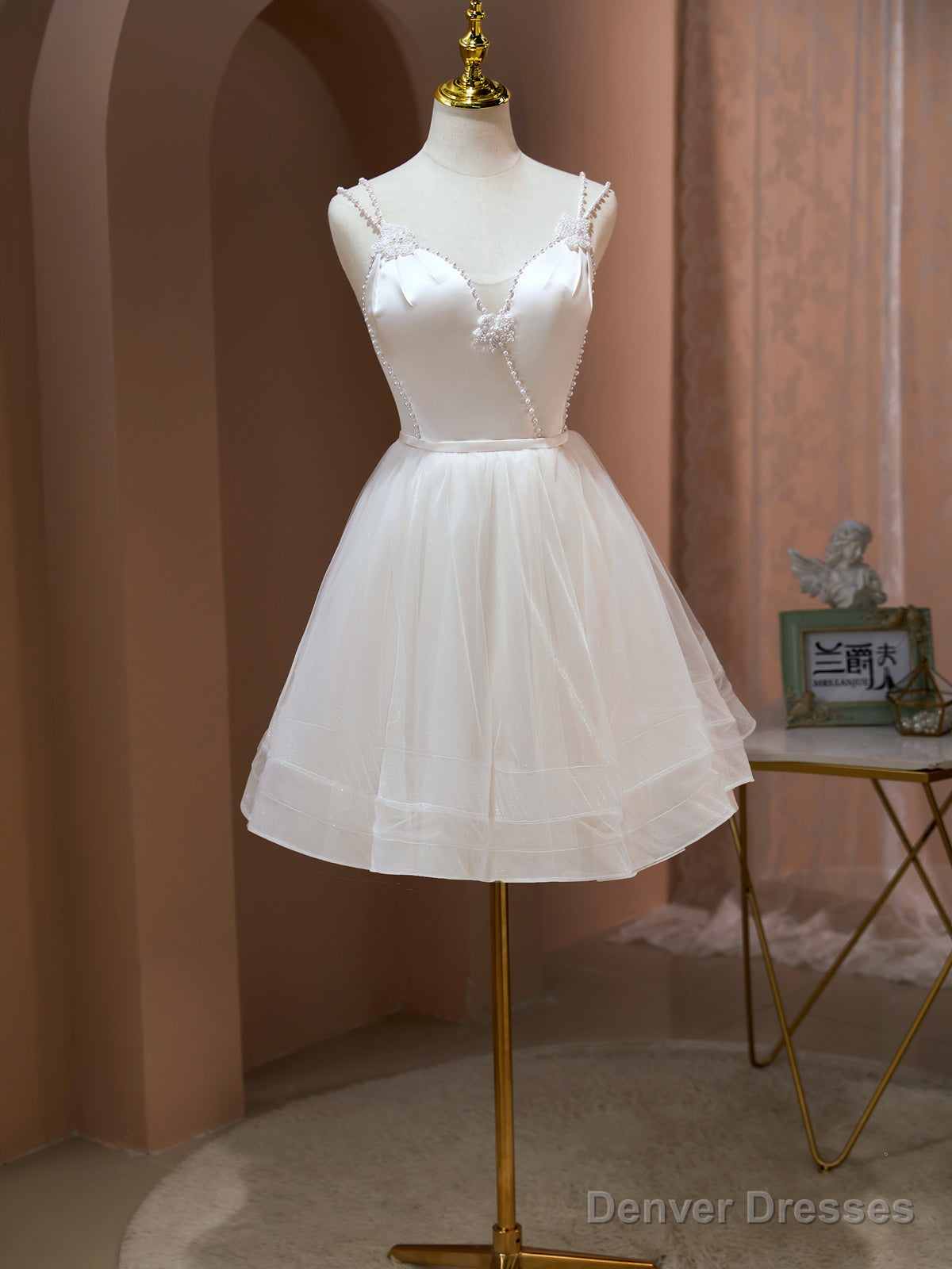 Short Light Champagne Prom Dresses, Light Champagne Short Formal Homecoming Dresses