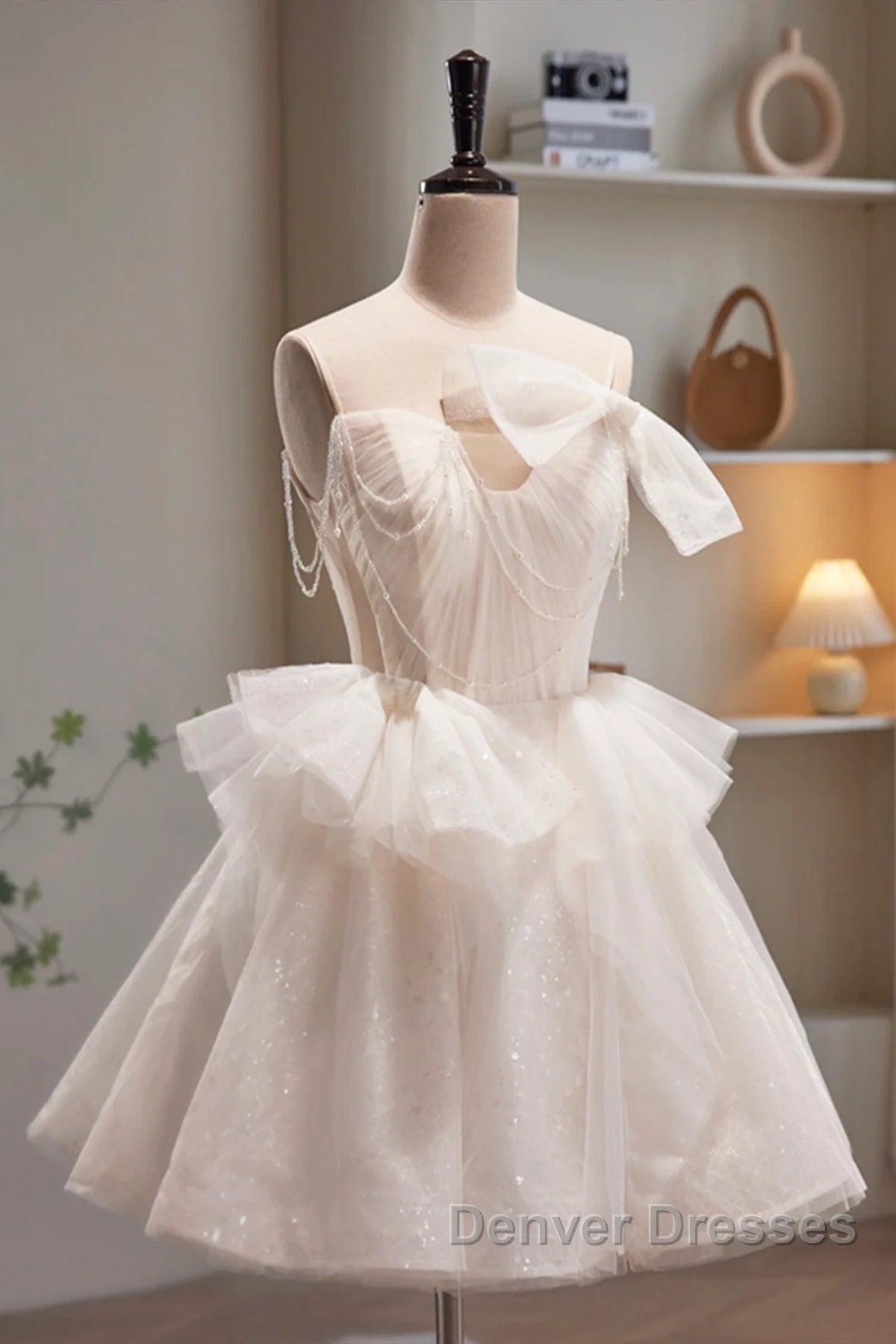 Short Light Champagne Tulle Prom Dress, Short Champagne Tulle Formal Homecoming Dress