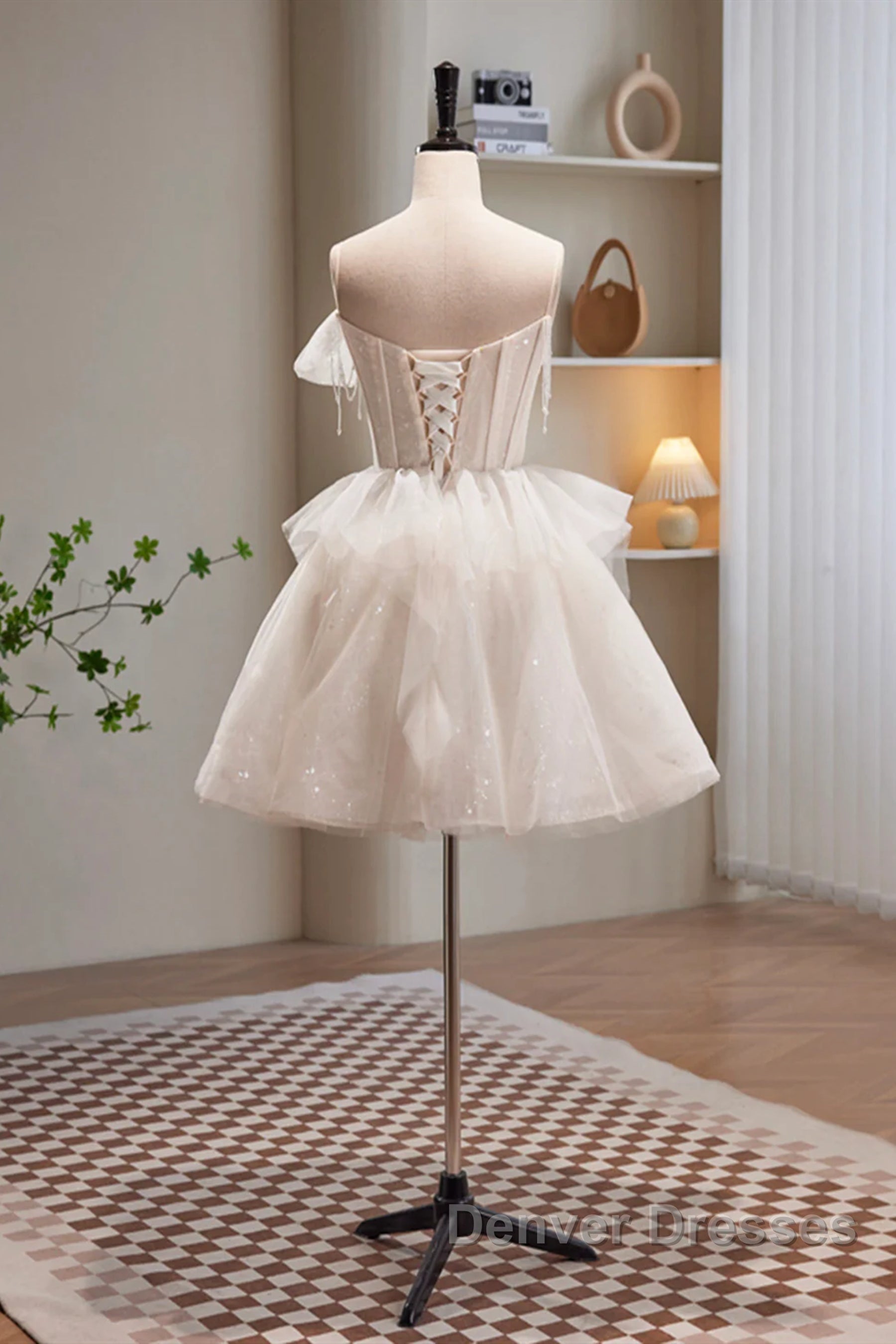 Short Light Champagne Tulle Prom Dress, Short Champagne Tulle Formal Homecoming Dress