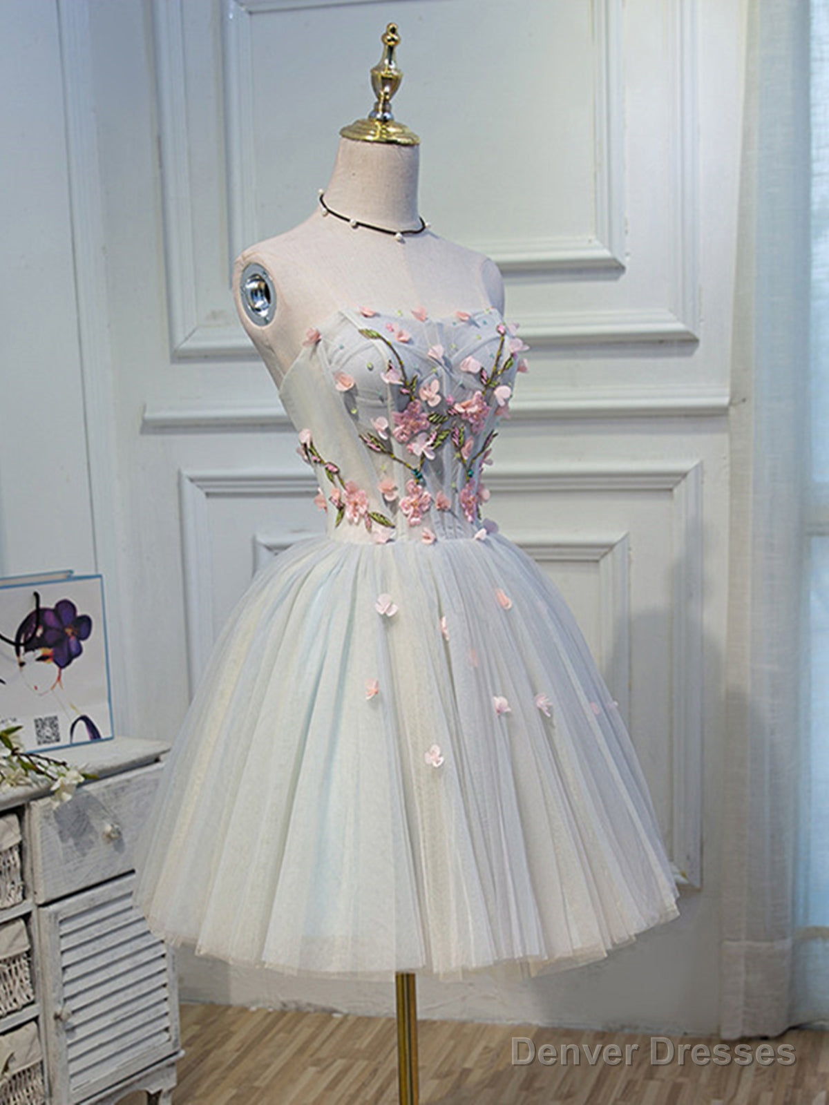 Short Light Green Tulle Prom Dresses, Short Tulle Floral Formal Homecoming Dresses Secondary image
