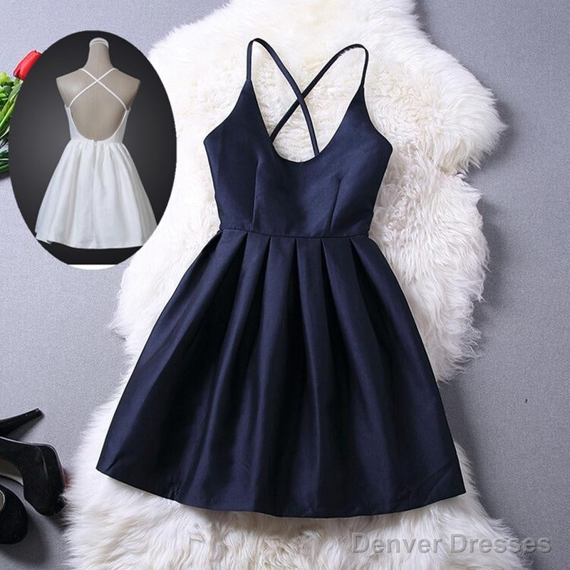 Short Navy Blue Women Dresses, Cross Back Party Dresses,Graduation Dresses