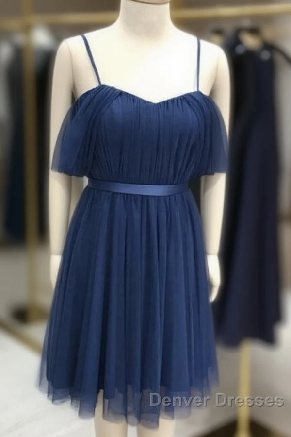 Short Navy Tulle Bridesmaid Dress Off Shoulder Main image