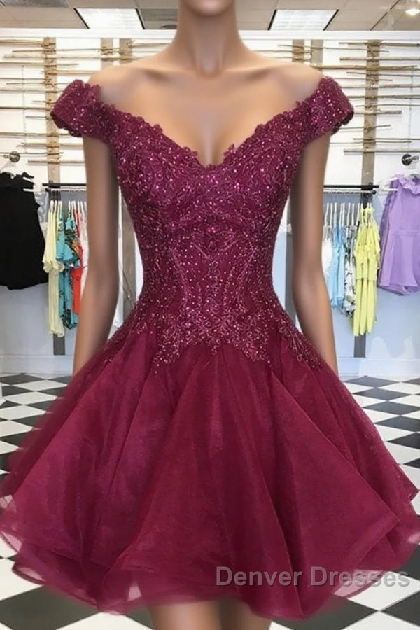 Short Off Shoulder Burgundy Lace Prom Dress, Off The Shoulder Short Burgundy Lace Formal Homecoming Dress Main image