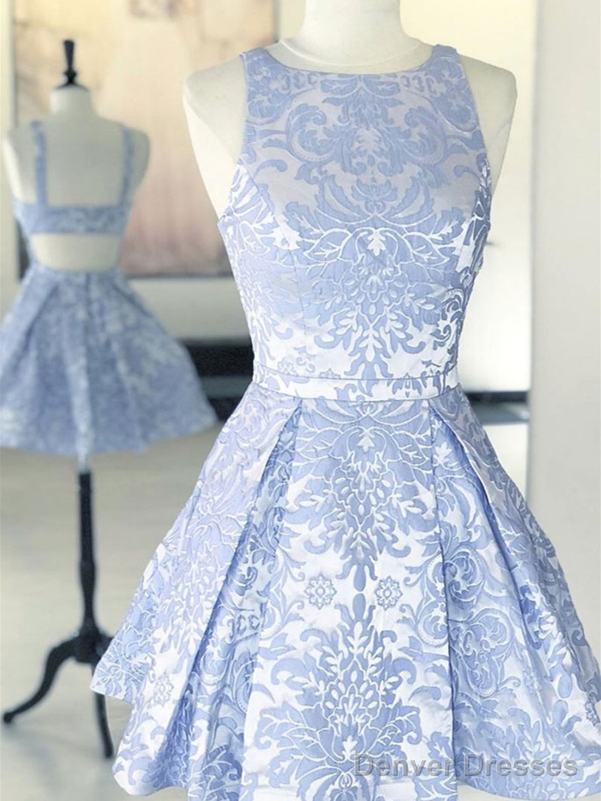 Short Open Back Blue Lace Prom Dresses, Short Blue Lace Formal Graduation Homecoming Dresses Main image