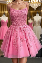 Short Pink Backless Lace Prom Dress, Short Pink Open Back Formal Homecoming Dress