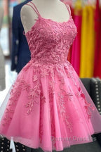 Short Pink Backless Lace Prom Dress, Short Pink Open Back Formal Homecoming Dress