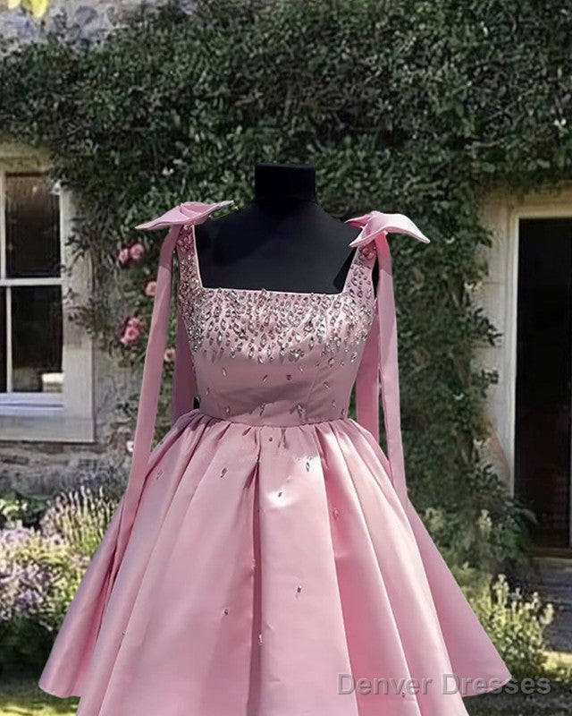 Short Pink Beaded Satin Bow Straps Dress Secondary image