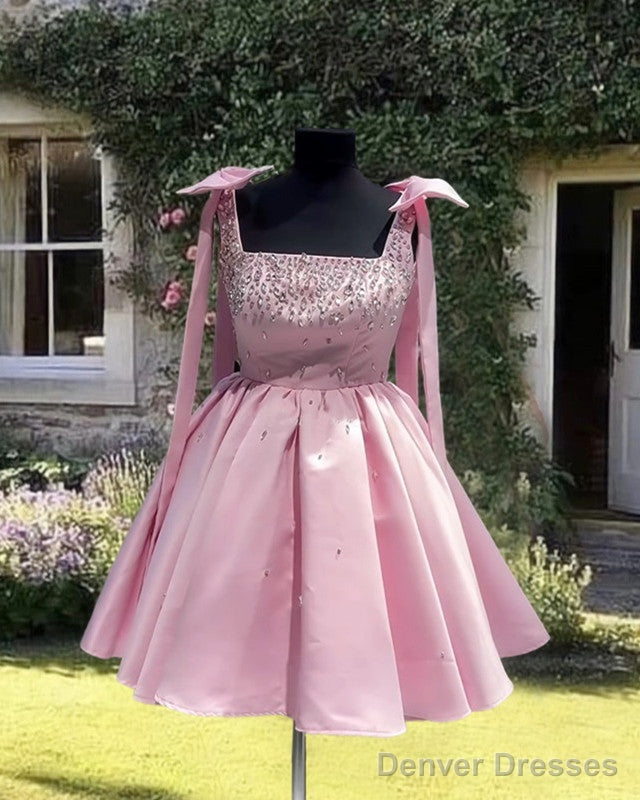 Short Pink Beaded Satin Bow Straps Dress Main image