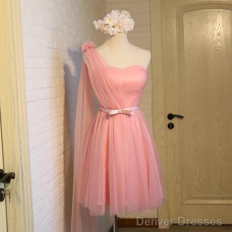 Short Pink Tulle Pleated Bridesmaid Dresses One Shoulder