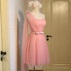 Short Pink Tulle Pleated Bridesmaid Dresses One Shoulder