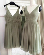 Short Pleated V-Neck Chiffon Bridesmaid Dress