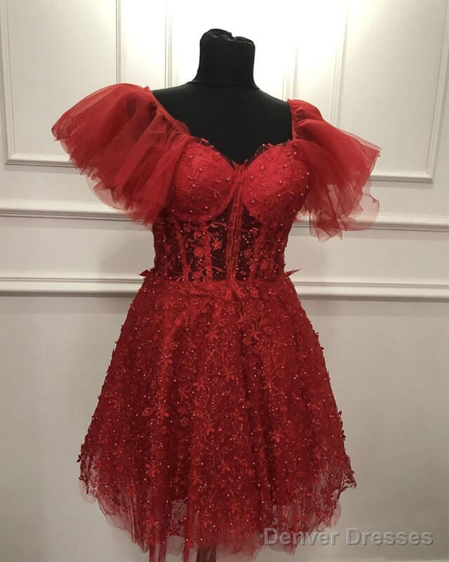 Short Red Lace Corset Cottagecore Prom Dress
