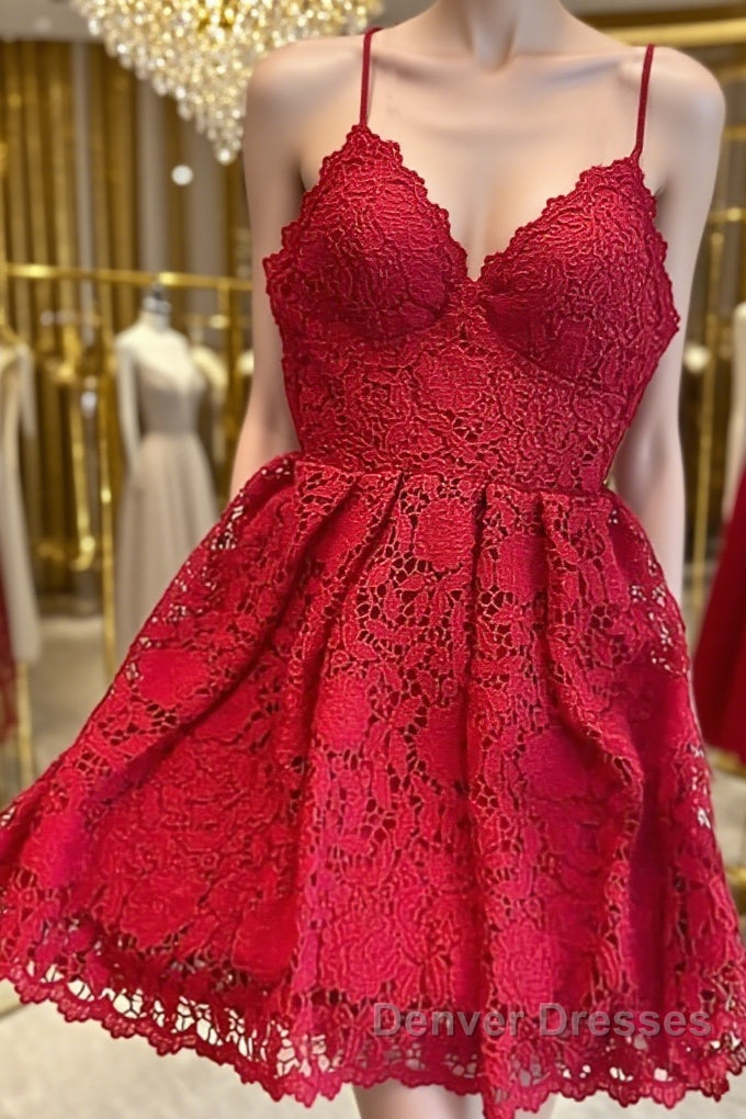 Short Red Lace Prom Dress, Short Red Lace Formal Graduation Homecoming Dress