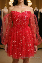 Short Red Long Sleeves Tulle Prom Dress, Short Red Long Sleeves Formal Homecoming Dress