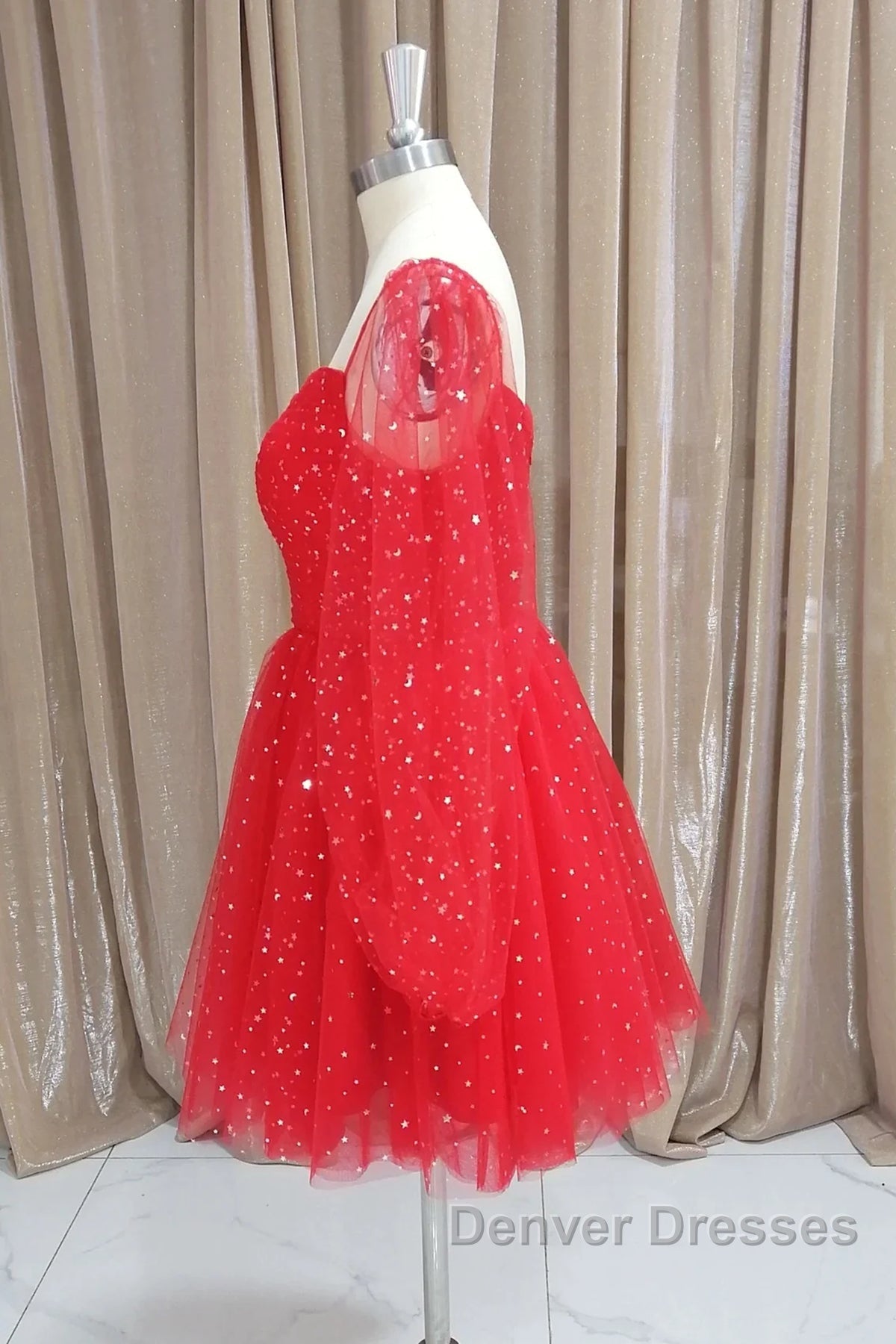 Short Red Long Sleeves Tulle Prom Dress, Short Red Long Sleeves Formal Homecoming Dress