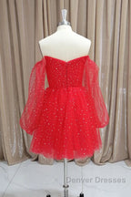 Short Red Long Sleeves Tulle Prom Dress, Short Red Long Sleeves Formal Homecoming Dress