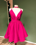 Short Red Plunging Satin Party Dress