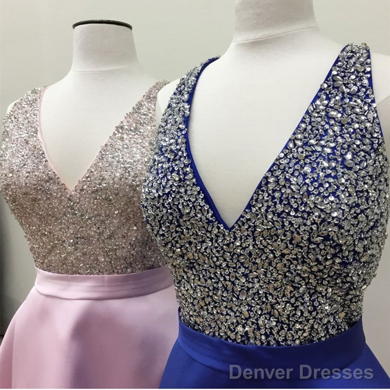 Short Satin V Neck Beaded Prom Homecoming Dresses