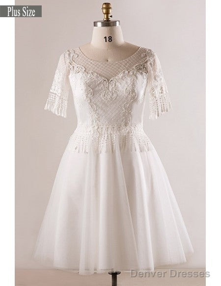 Short Sleeve Appliques White Plus Size Unique Lace Wedding Dress Main image