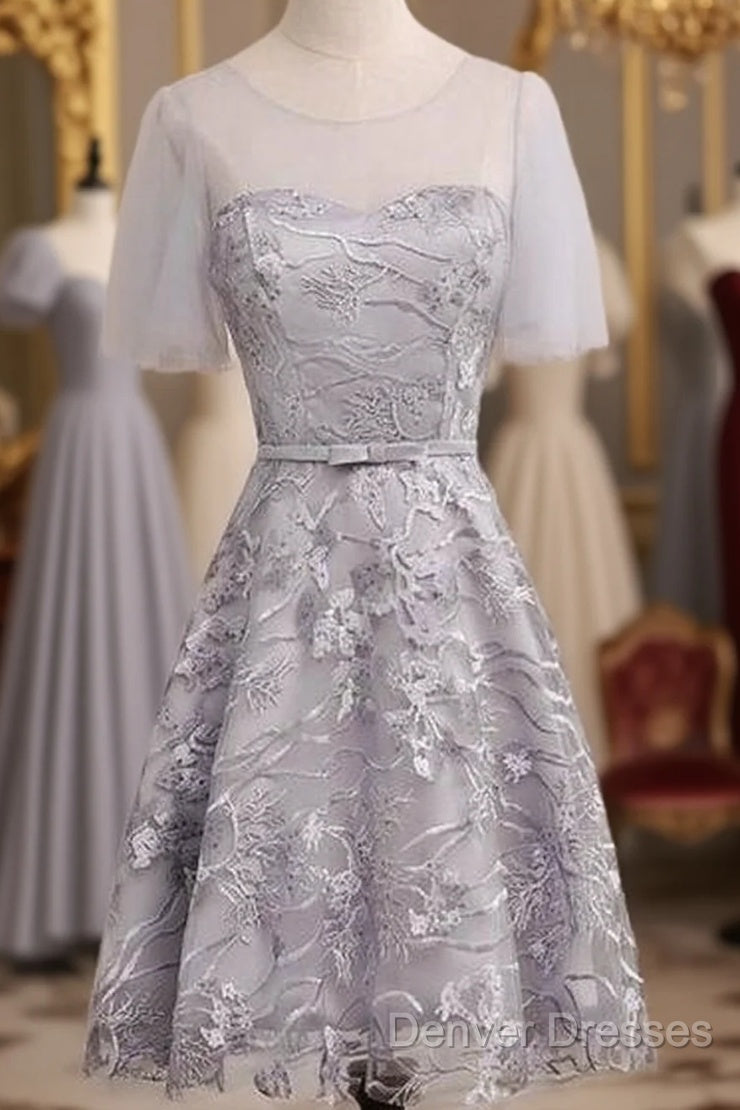 Short Sleeve Gray Lace Cute Homecoming Dress Main image