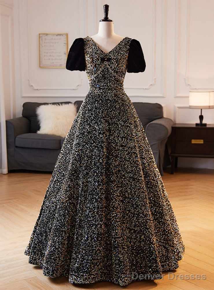 Short Sleeve Sequins V-neck Prom Dress Main image