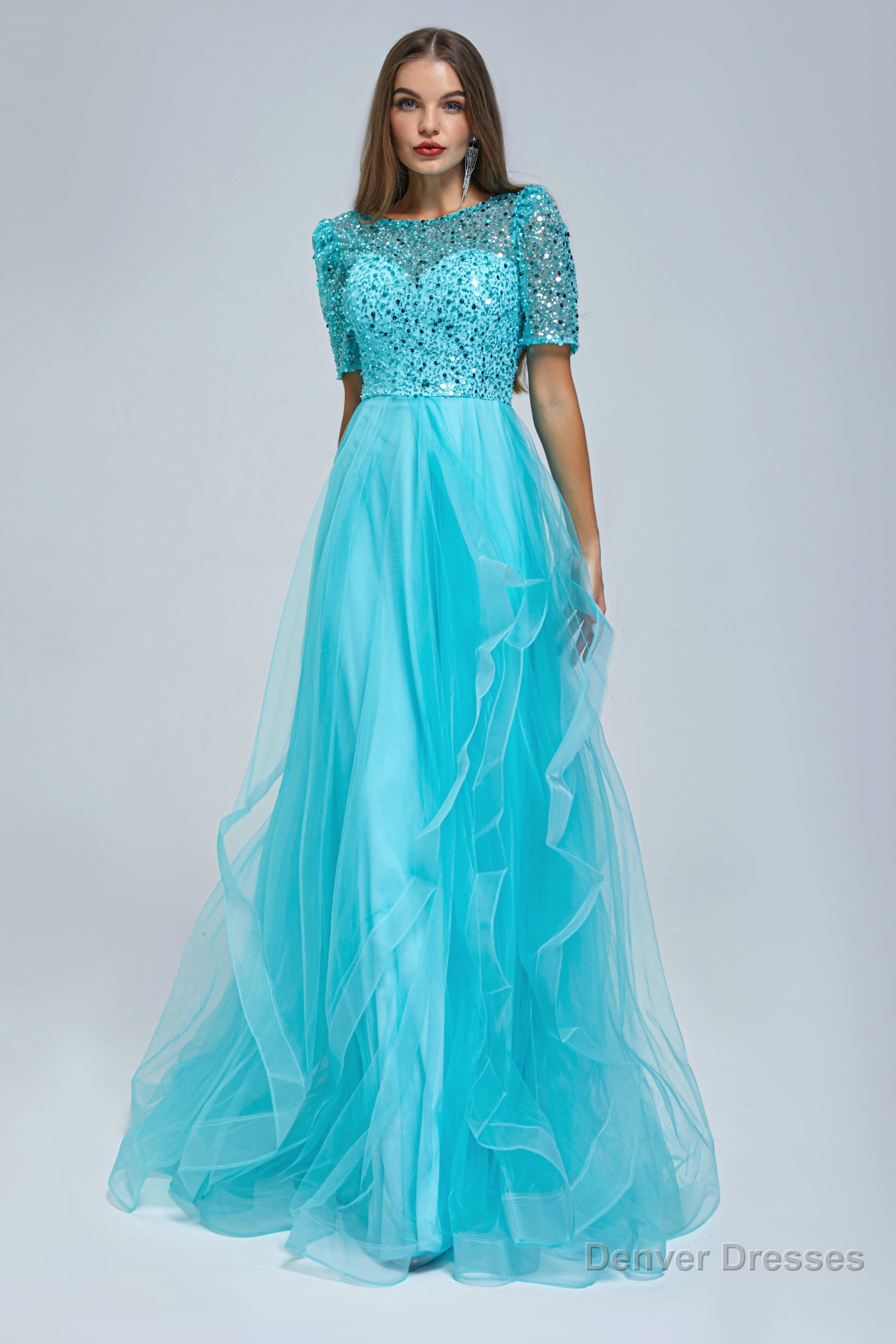 Short Sleeve Tulle Beaded Sequins Long Prom Dresses FZ001 Secondary image