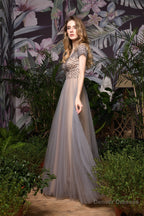 Short Sleeve V Neck A Line Sequin Beaded Long Prom Dresses