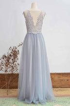 Short Sleeved Light Grey Appliqued Bridesmaid Dress