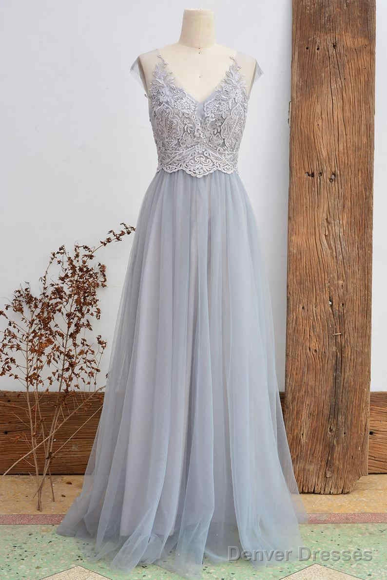 Short Sleeved Light Grey Appliqued Bridesmaid Dress Main image