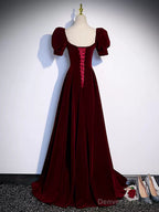 Short Sleeves Burgundy Long Prom Dresses, Wine Red Long Formal Evening Dresses
