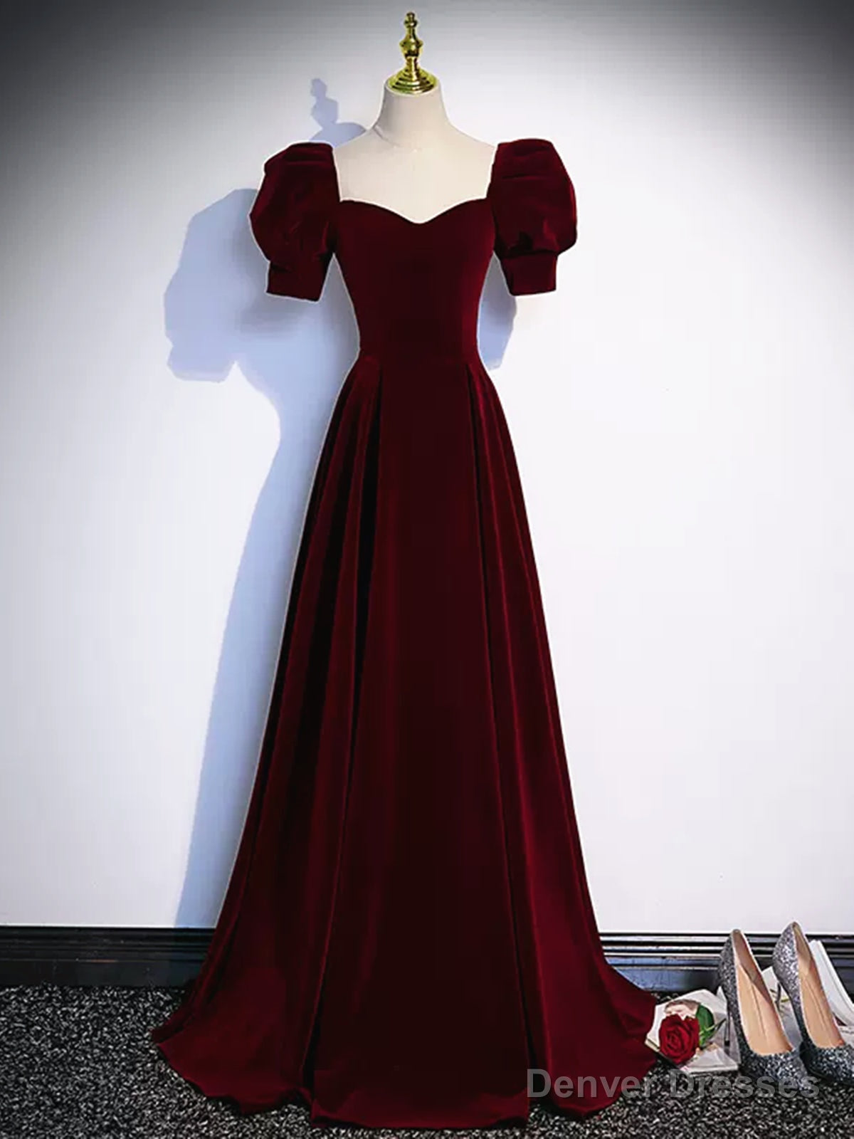 Short Sleeves Burgundy Long Prom Dresses, Wine Red Long Formal Evening Dresses Secondary image