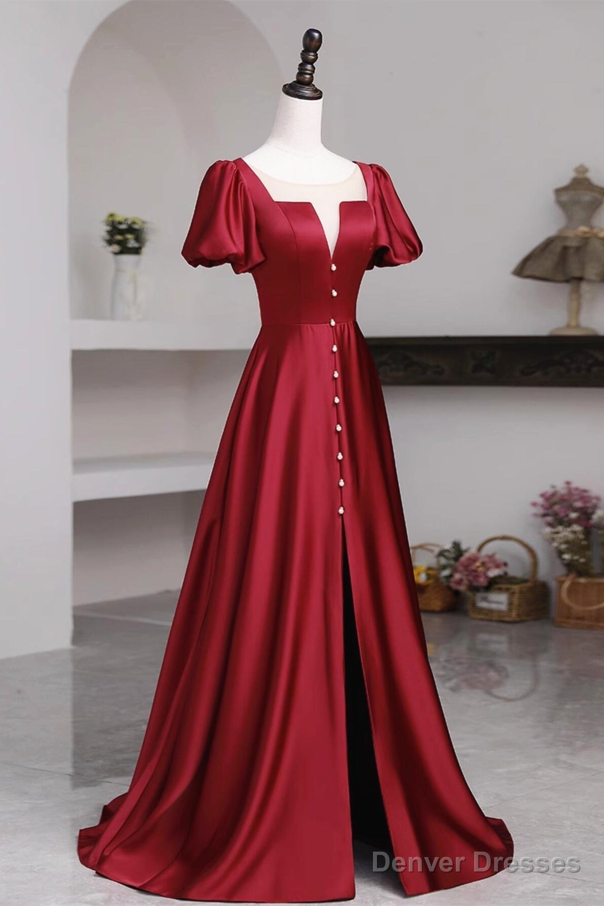 Short Sleeves Burgundy Long Prom Dresses with High Slit, Wine Red High Slit Long Formal Evening Dresses Secondary image