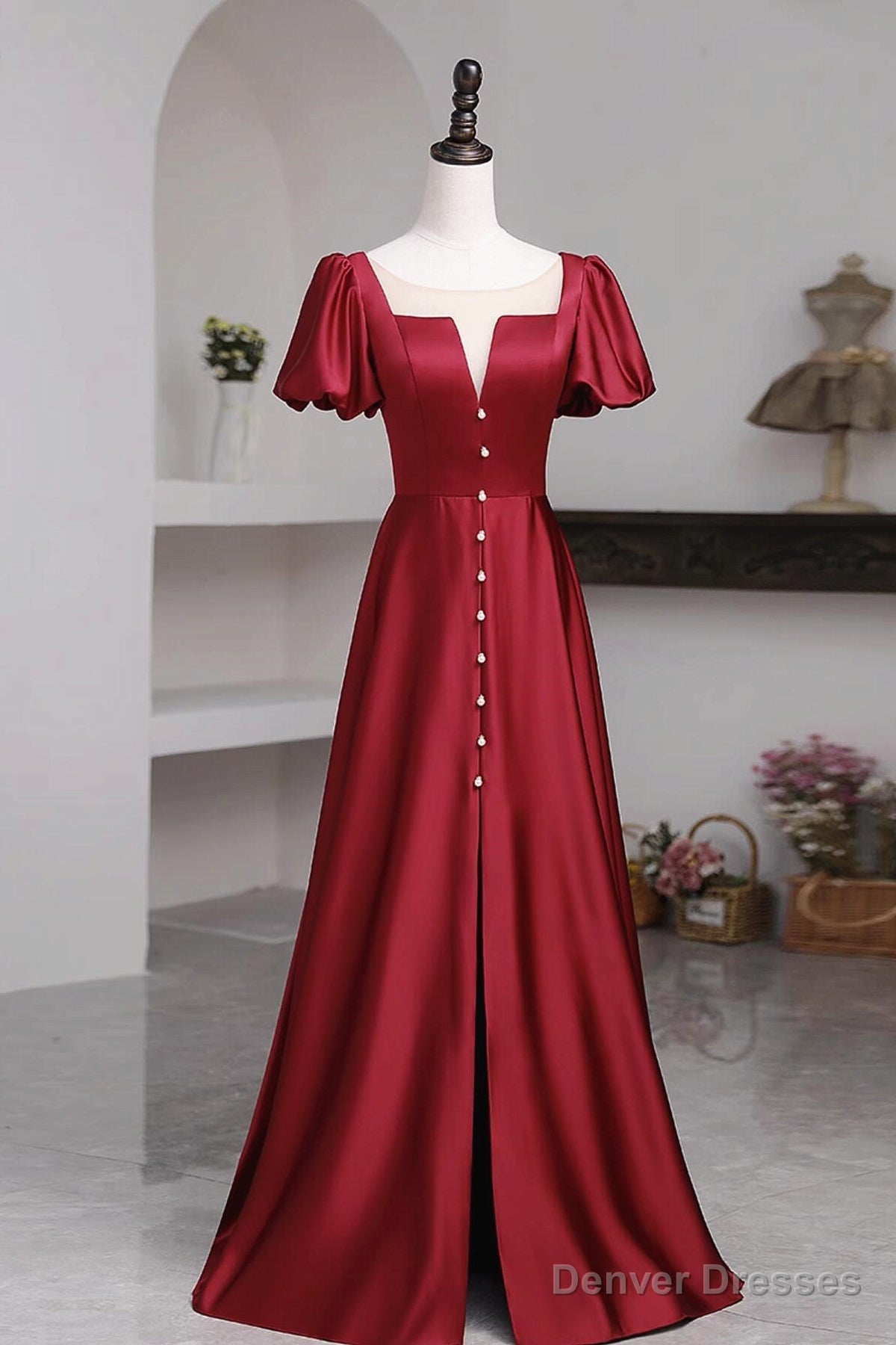 Short Sleeves Burgundy Long Prom Dresses with High Slit, Wine Red High Slit Long Formal Evening Dresses Main image